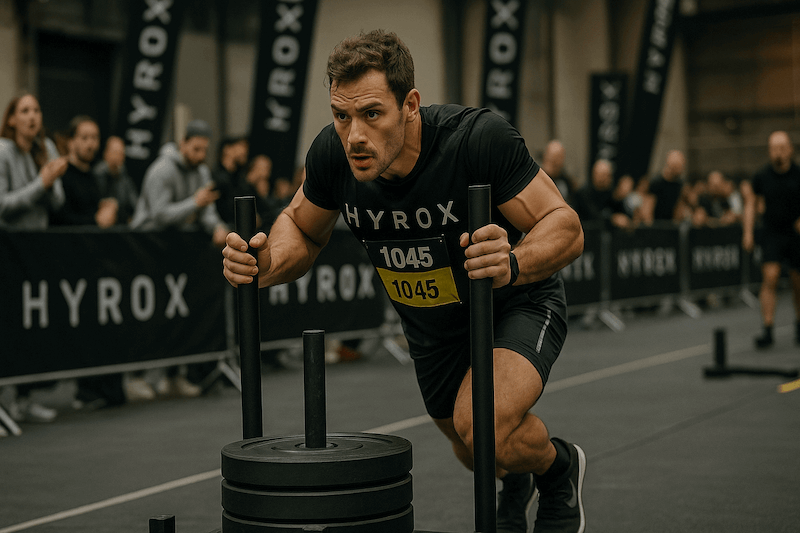 Athlète au sled push pendant un Hyrox