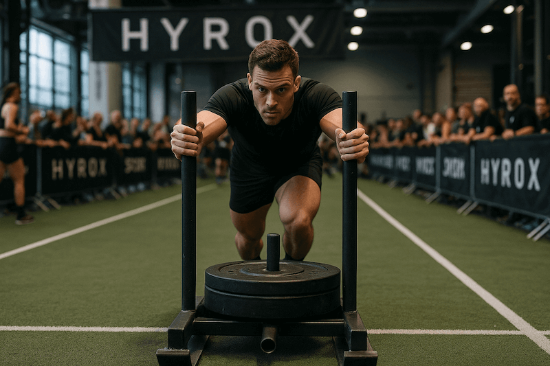 Athlète au sled pull pendant un Hyrox