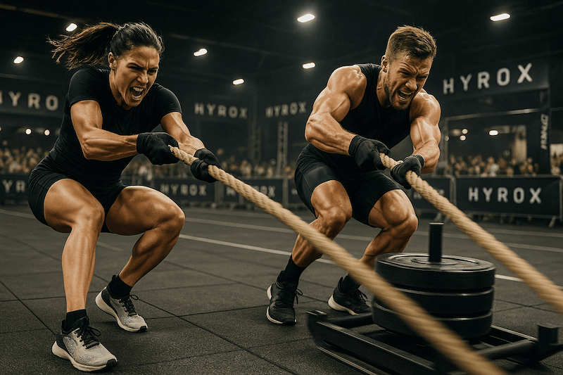 Athlète au sled pull pendant un Hyrox